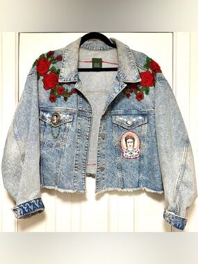 Upcycled Frida Cropped Denim Jacket with Red Rose and Black Floral Embroidery